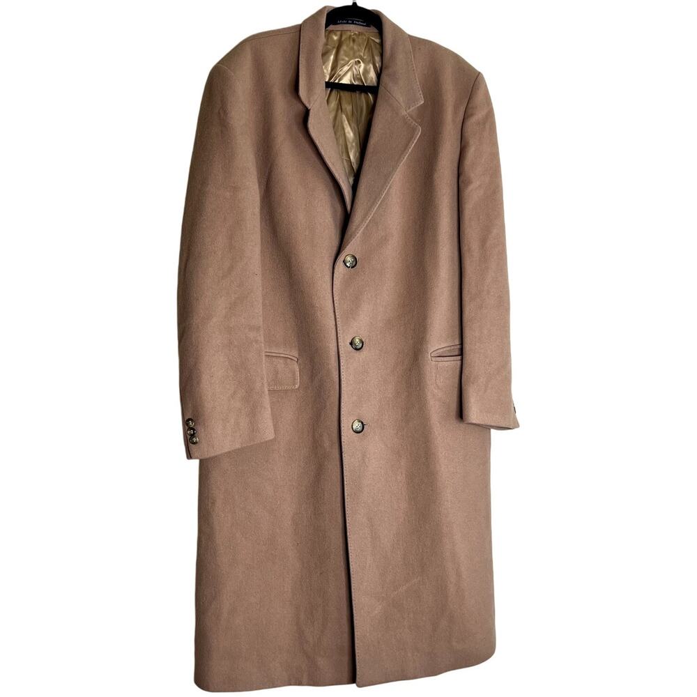 Woolmark Pure New Wool PeaCoat Men 42 R Length 45 Tan England Trench VTG 90s Y2K